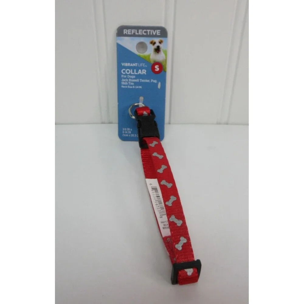 Vibrant Life Dog Collar Small Red Reflective Adjustable Polyester 8